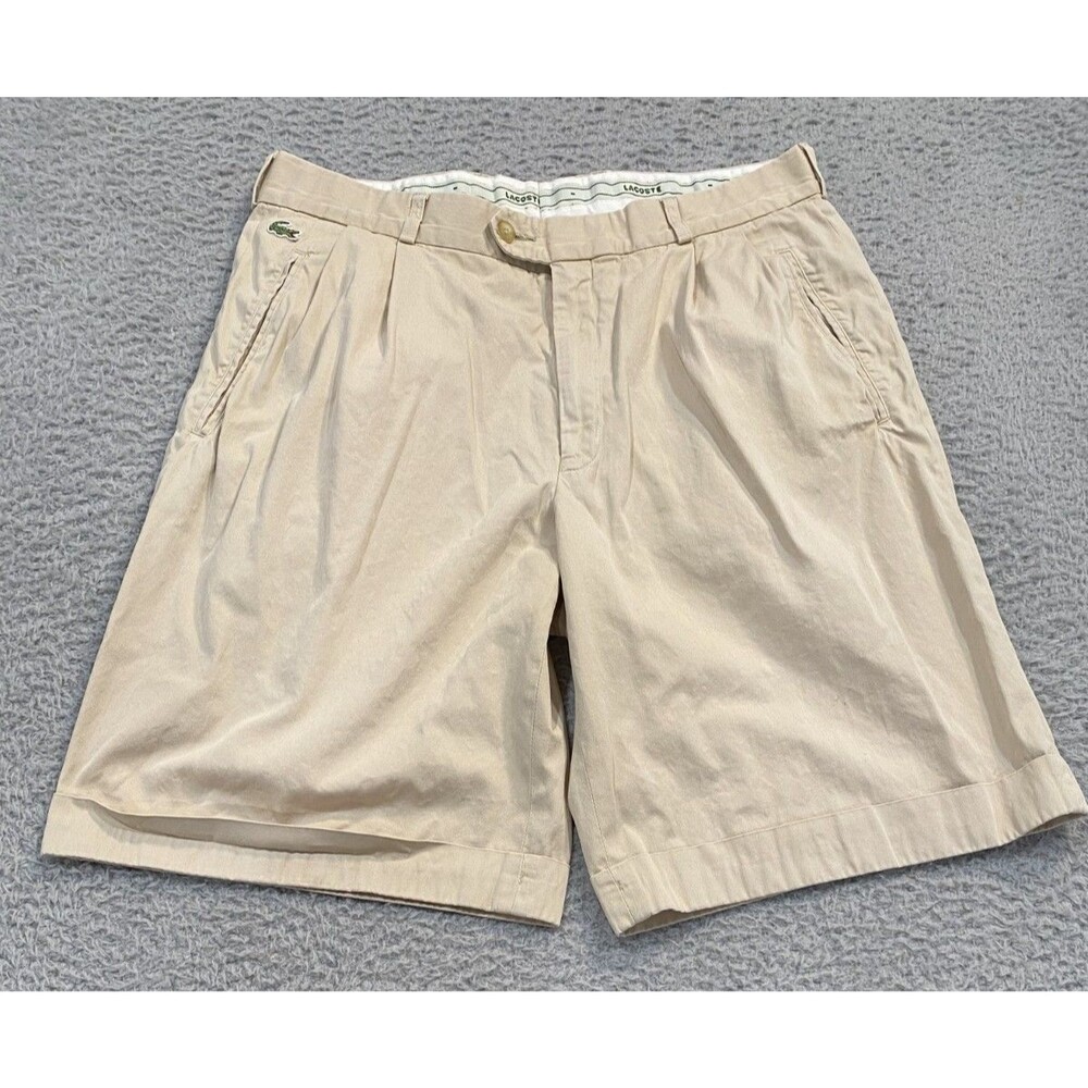 Lacoste Shorts Mens 34 Beige Pleated Chino Relaxed Fit Croc Logo 10 Inseam
